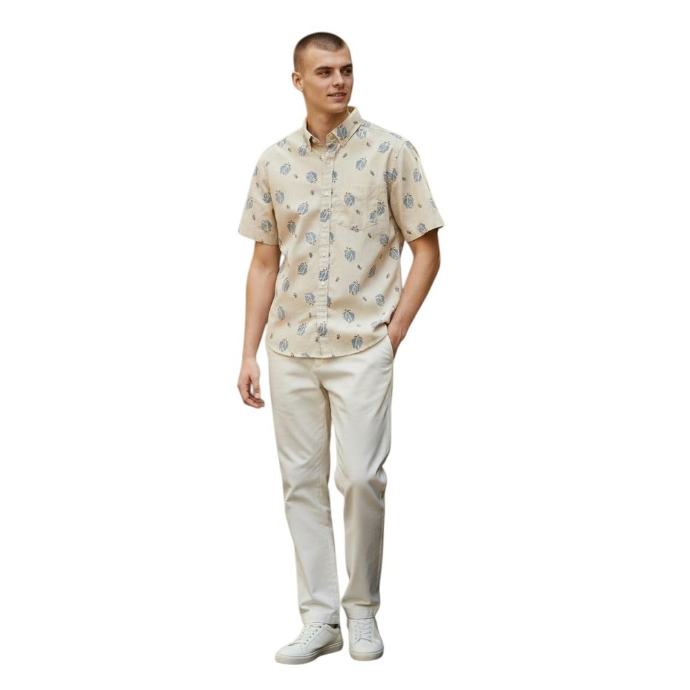 Ben Sherman Button-Up Casual Shirt Men's Small Cream Palm Print Short Sleeve